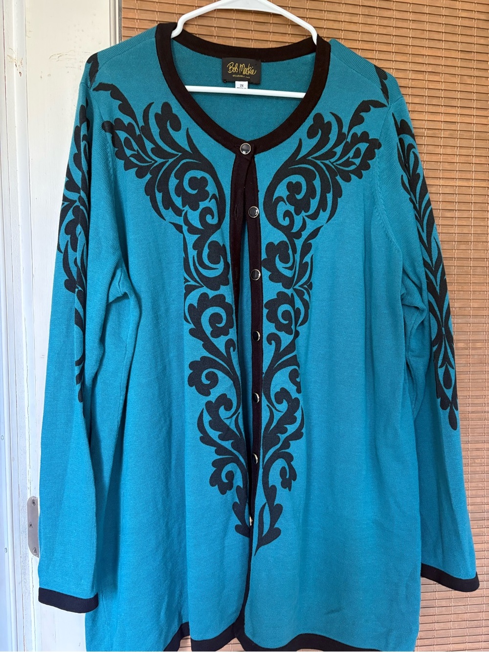 Bob Mackie Teal and Black Button-Front Printed Cardigan